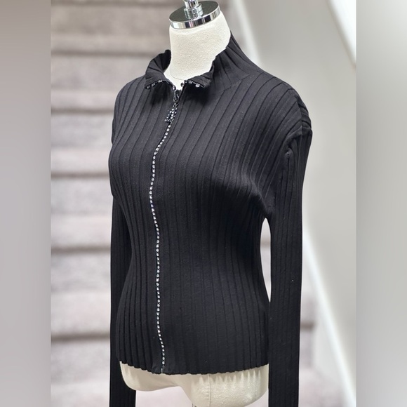 Vintage Y2K Belldini Black Ribbed Rhinestone Long Sleeve Zip Sweater Women’s XL - Picture 10 of 16